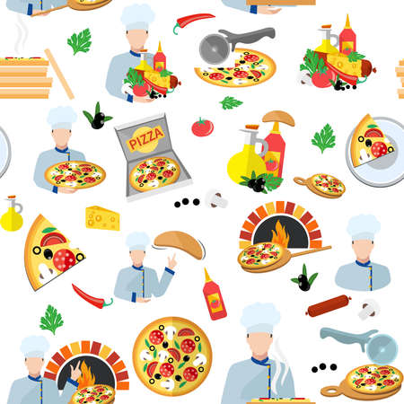Pizza maker seamless pattern with fresh food box and chef cook vector illustrationのイラスト素材