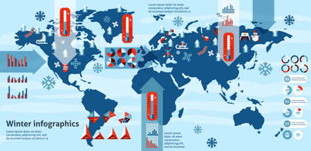 Winter holidays symbols infographics set with charts and world map vector illustration