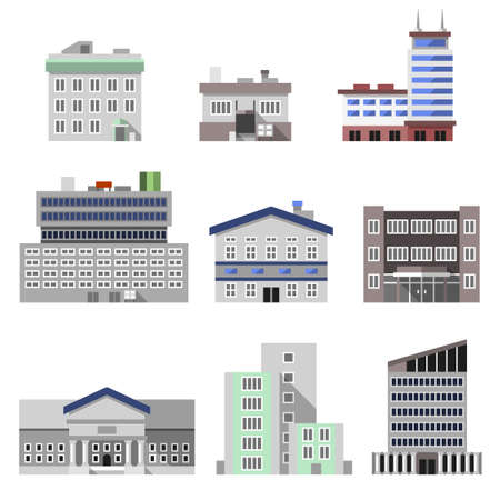 Business modern urban office buildings flat decorative icons set isolated vector illustrationのイラスト素材
