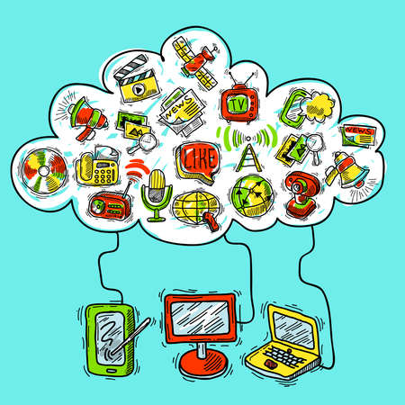 Communication concept sketch with media devices and social icons in speech bubble vector illustrationのイラスト素材