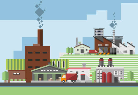 Industrial factory concept with plants warehouse buildings and delivery truck vector illustrationのイラスト素材