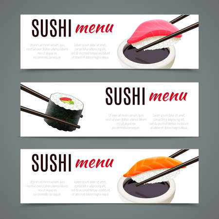 Sushi menu banners horizontal with salmon roll and chopsticks isolated vector illustrationのイラスト素材