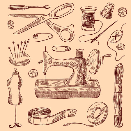Sewing decorative icons sketch set with scissors button needle isolated vector illustrationのイラスト素材