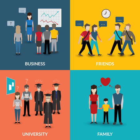 People social behavior communication patterns four flat icons composition for university business family home situation vector illustrationのイラスト素材