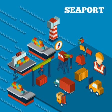 Seaport freight transportation concept with isometric icons set vector illustrationのイラスト素材