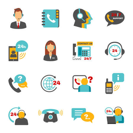 Contact us 24h support call center service flat icons set with operator headphone abstract vector isolated illustrationのイラスト素材