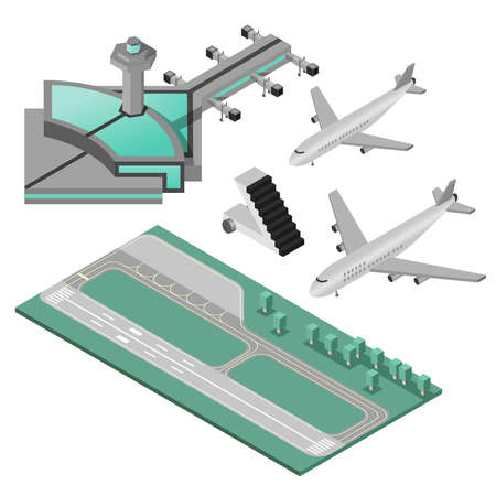 Airport stairway airplane and runway decorative icons 3d isometric set isolated vector illustrationのイラスト素材