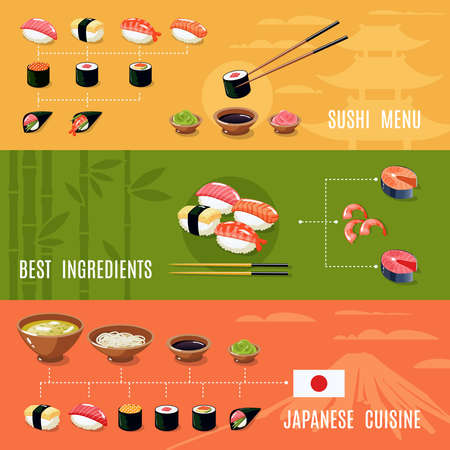 Asian food banners with sushi menu best ingredients japanese cuisine isolated vector illustrationのイラスト素材