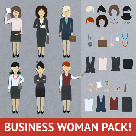 Set of business woman figures, fashion accessories and hair style templates vector illustrationのイラスト素材