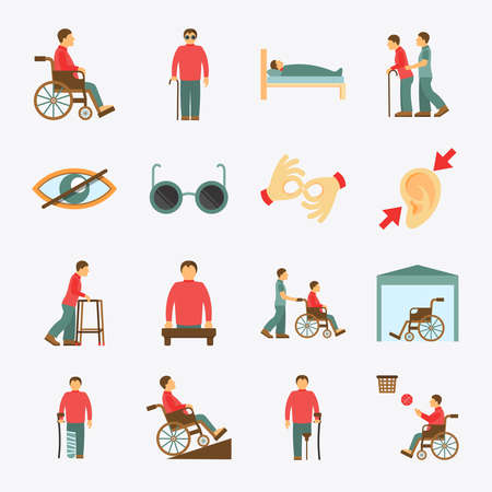 Disabled people care help assistance and accessibility flat icons set isolated vector illustrationのイラスト素材