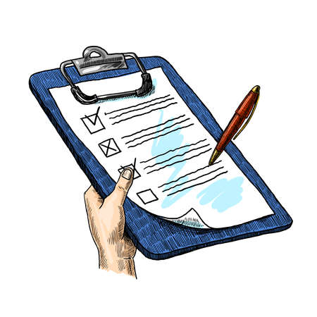Sketch hand with clipboard checklist and pen isolated on white background vector illustrationのイラスト素材