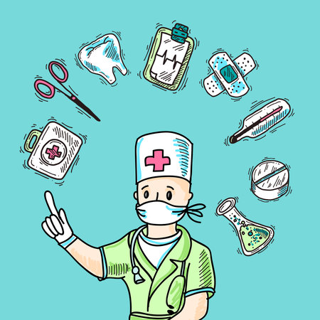 Medical design concept with doctor avatar and healthcare symbols sketch vector illustrationのイラスト素材