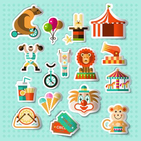 Circus entertainment paper stickers set with tickets lion icecream isolated vector illustrationのイラスト素材