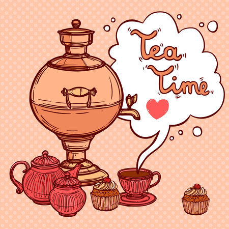 Tea time background with sketch samovar and teapot cup cake vector illustrationのイラスト素材