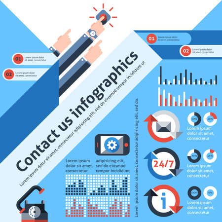 Contact us infographics set with telephone customer service communication elements and charts vector illustrationのイラスト素材