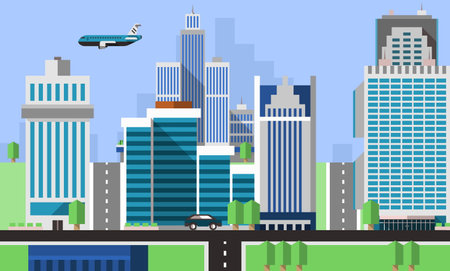 Skyscraper offices flat background with business real estate property apartments vector illustrationのイラスト素材
