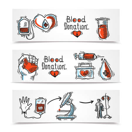 Donor organ and blood donation sketch horizontal banners set isolated vector illustrationのイラスト素材