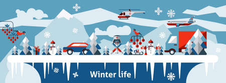 Winter life landscape background with sport holiday elements vector illustration.のイラスト素材