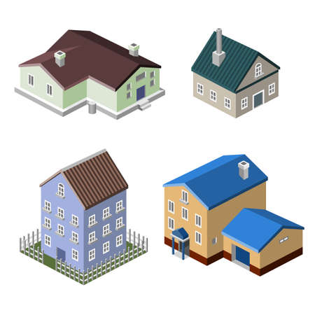 Residential house isometric buildings real estate decorative icons set isolated vector illustrationのイラスト素材