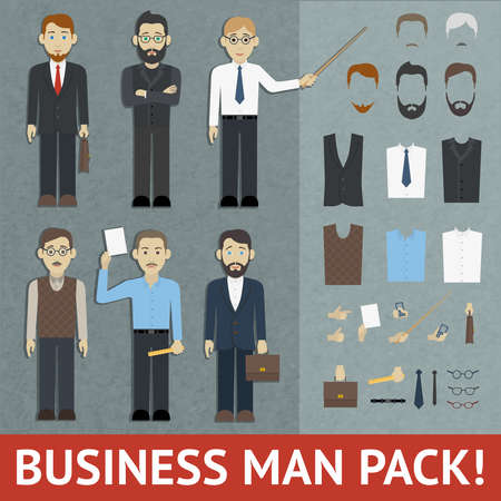 Pack of flat business man figures and office clothing accessories vector illustrationのイラスト素材