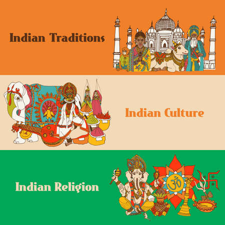 India colored sketch banners set with traditions culture religion isolated vector illustrationのイラスト素材