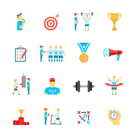 Coaching football team planning boxing training flat icons set with trophy winner abstract isolated vector illustrationのイラスト素材