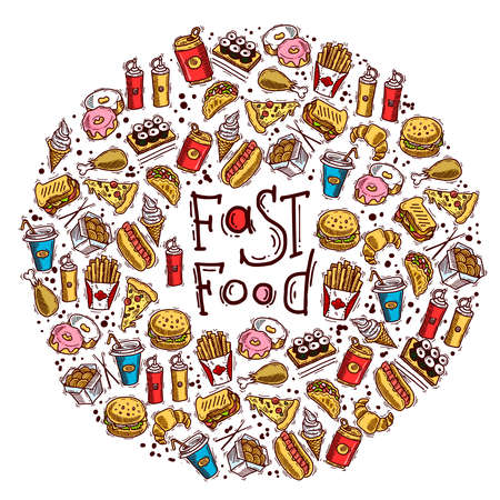 Fast food colored sketch decorative icons set in circle shape vector illustrationのイラスト素材