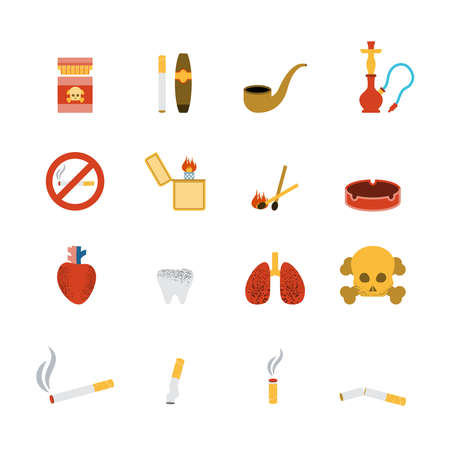 Smoking icon flat set with lighter tobacco pipe cigarette isolated vector illustrationのイラスト素材