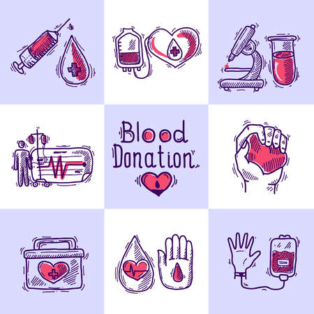 Donor design concept set with blood and organ donation sketch icons isolated vector illustrationのイラスト素材