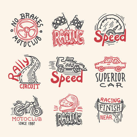 Racing superior car rally circuit sketch emblems set isolated vector illustrationのイラスト素材