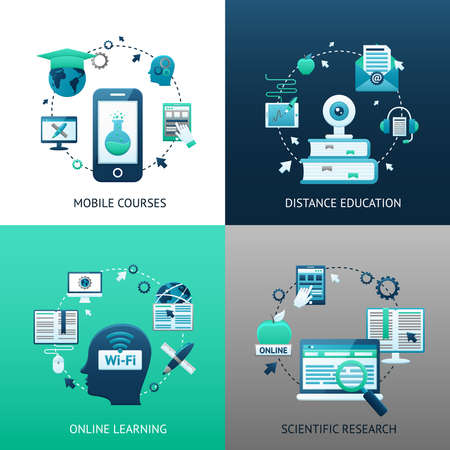 Online education design concept set with mobile courses distance learning scientific research icons isolated vector illustrationのイラスト素材
