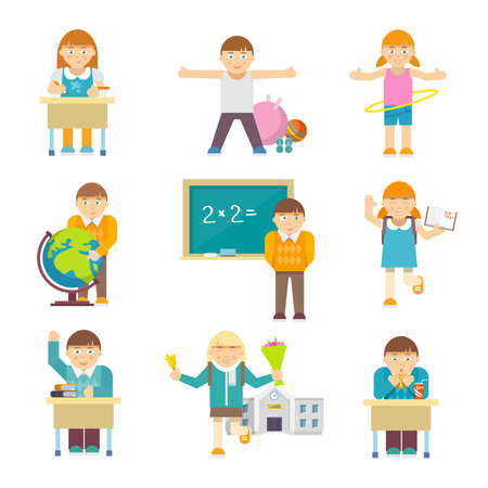 Small children at elementary school lesson characters set isolated vector illustrationのイラスト素材
