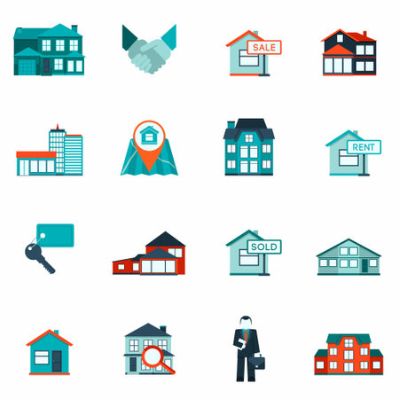 Real estate house and apartment rent and sale icon flat set isolated vector illustrationのイラスト素材