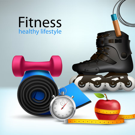 Fitness sport and healthy lifestyle background with roller skates apple jumping rope vector illustrationのイラスト素材