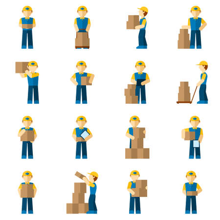 Delivery man courier person with carton boxes icon flat set isolated vector illustrationのイラスト素材