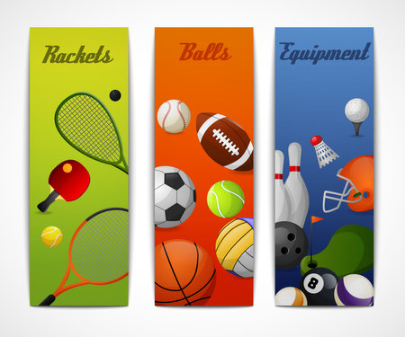 Outdoor sport activities squash tennis soccer basketball rugby accessories flat vertical banners set abstract isolated vector illustrationのイラスト素材
