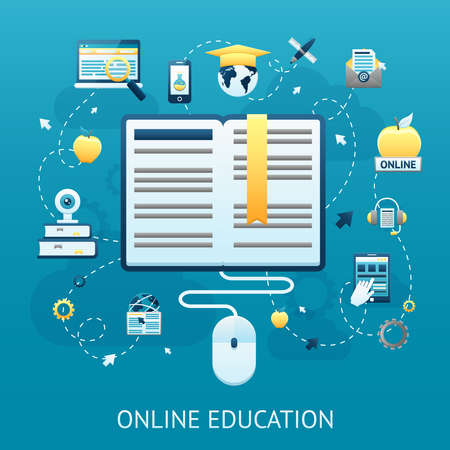 Online education design concept with book and computer mouse vector illustrationのイラスト素材