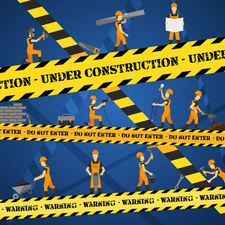 Under construction poster with workmen and yellow restriction line vector illustrationのイラスト素材