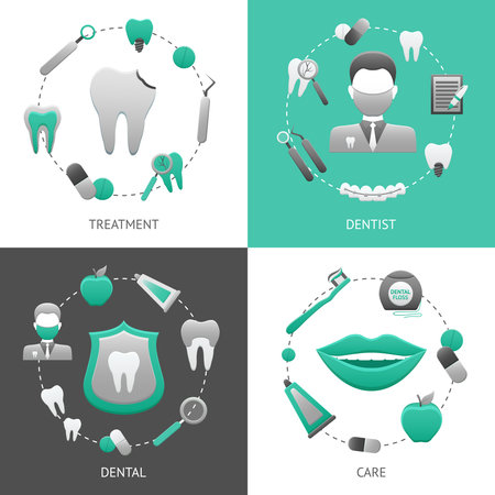 Dental design concept set with treatment dentist care flat icons isolated vector illustrationのイラスト素材