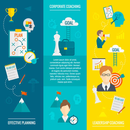 Coaching business flat vertical banner set with leadership effective planning corporate elements isolated vector illustrationのイラスト素材
