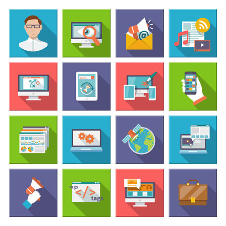 Seo internet marketing computer design elements flat icon set isolated vector illustrationのイラスト素材