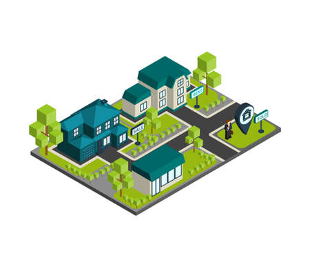 Isometric town concept with 3d buildings and real estate agent icons vector illustrationのイラスト素材
