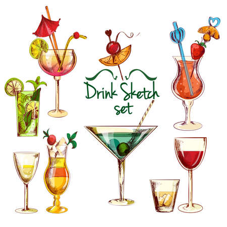 Sketch alcoholic beverages cocktail drink set isolated vector illustrationのイラスト素材