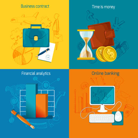 Business design concept set with contract time is money financial analytics online banking icons isolated vector illustrationのイラスト素材