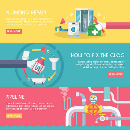 Plumbing repair fix the clog pipeline horizontal banner set isolated vector illustrationのイラスト素材