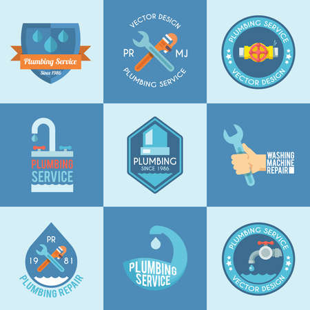 Plumbing service washing machine repair with a wrench flat labels icons composition design abstract vector isolated illustrationのイラスト素材