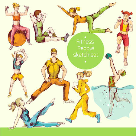 Fitness people sport training healthy physical exercises sketch colored decorative icons isolated vector illustrationのイラスト素材
