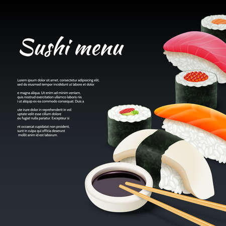 Sushi menu seafood with soy sauce on black background vector illustrationのイラスト素材