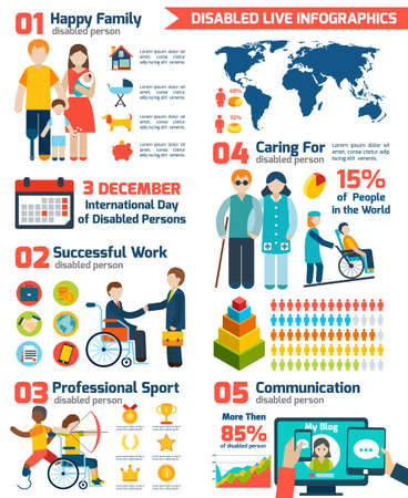 Disabled  and retirement infographics set with charts and world map vector illustrationのイラスト素材