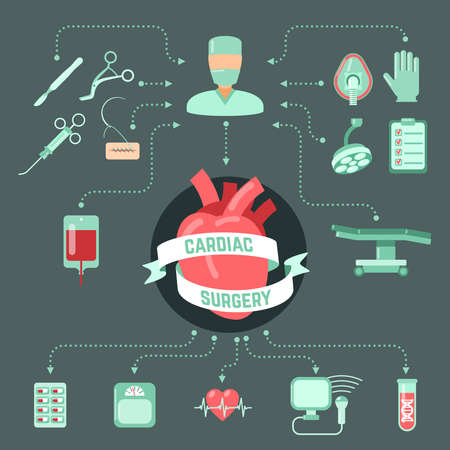Cardiac surgery design concept with human heart and operation icons decorative vector illustrationのイラスト素材